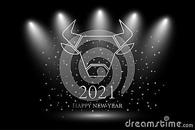 Happy New Year 2021 black vector greeting poster with metallic bull head, the symbol of the Chinese year Vector Illustration